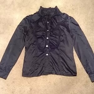 Victorian goth black silky ruffle top, Medium